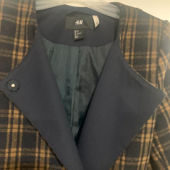 H&M Navy Blue & Yellow Wool Blend Plaid Coat - Size 6 - Picture 6 of 8
